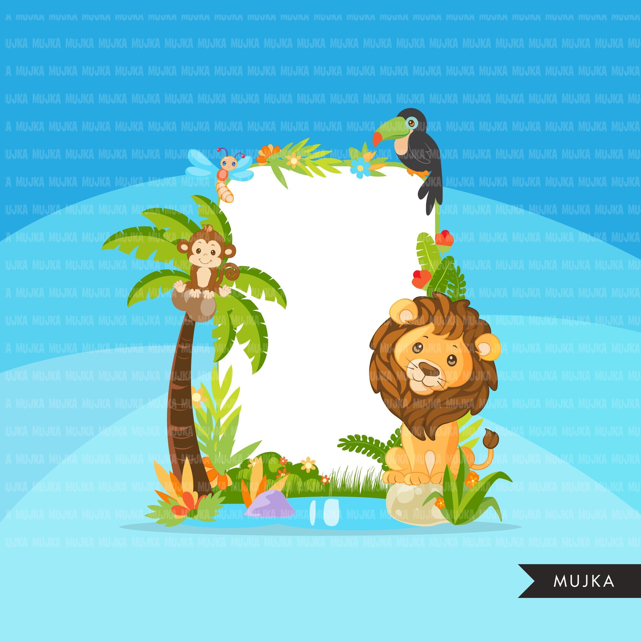 Safari Jungle frames clipart, forest frames with lion, tiger, zebra, monkey, giraffe elephant animal graphics, Png digital clip art
