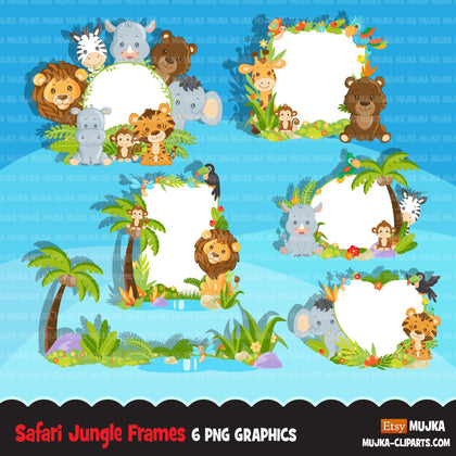 Safari Jungle frames clipart, forest frames with lion, tiger, zebra, monkey, giraffe elephant animal graphics, Png digital clip art