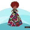 Black woman clipart avatar, Ankara multi-color print bow tie and skirt, fashion graphics, sublimation boss afro girl clip art PNG