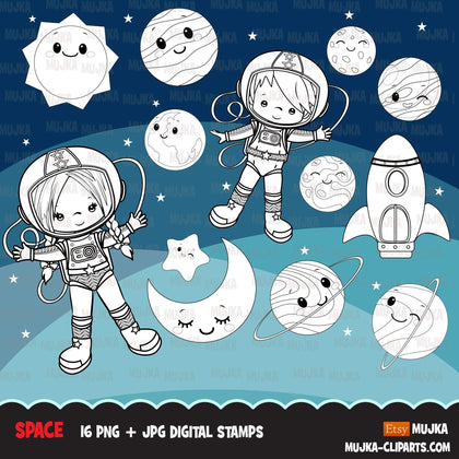 Space astronauts Digital stamps, planets, mars, jupiter, saturn, space rocket graphics, coloring book black and white outline clip art