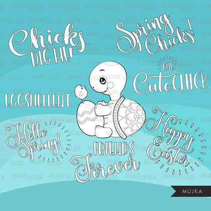 Turtles and Chicks Digital stamps, cute Easter animal graphics, coloring book black and white outline clip art