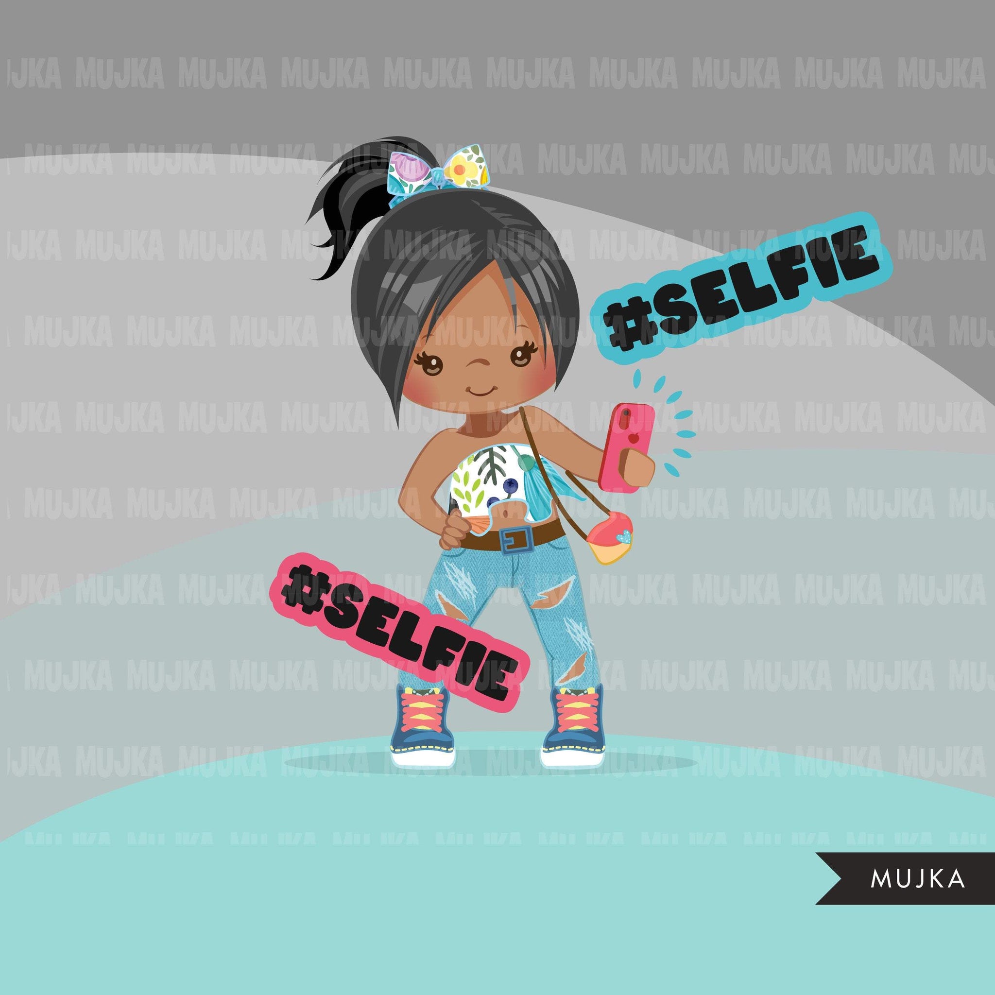 Selfie clipart, little girl taking a selfie, cellphone, oh snap, wording graphics, fashion Png digital clip art