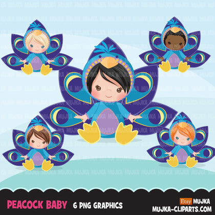Peacock Baby clipart, animal costume baby shower graphics, card making, birthday party, black baby Png digital clip art