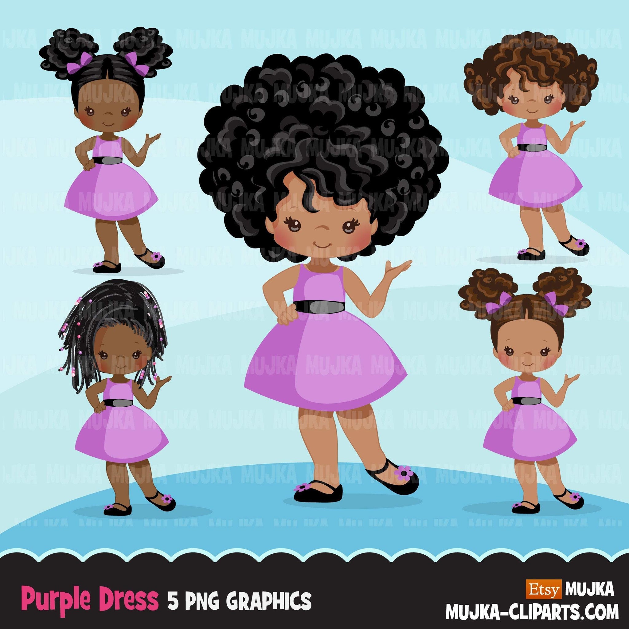 Spring Clipart, purple dress black girls, cute kids graphics, summer fashion, commercial use PNG clip art, birthday cutout