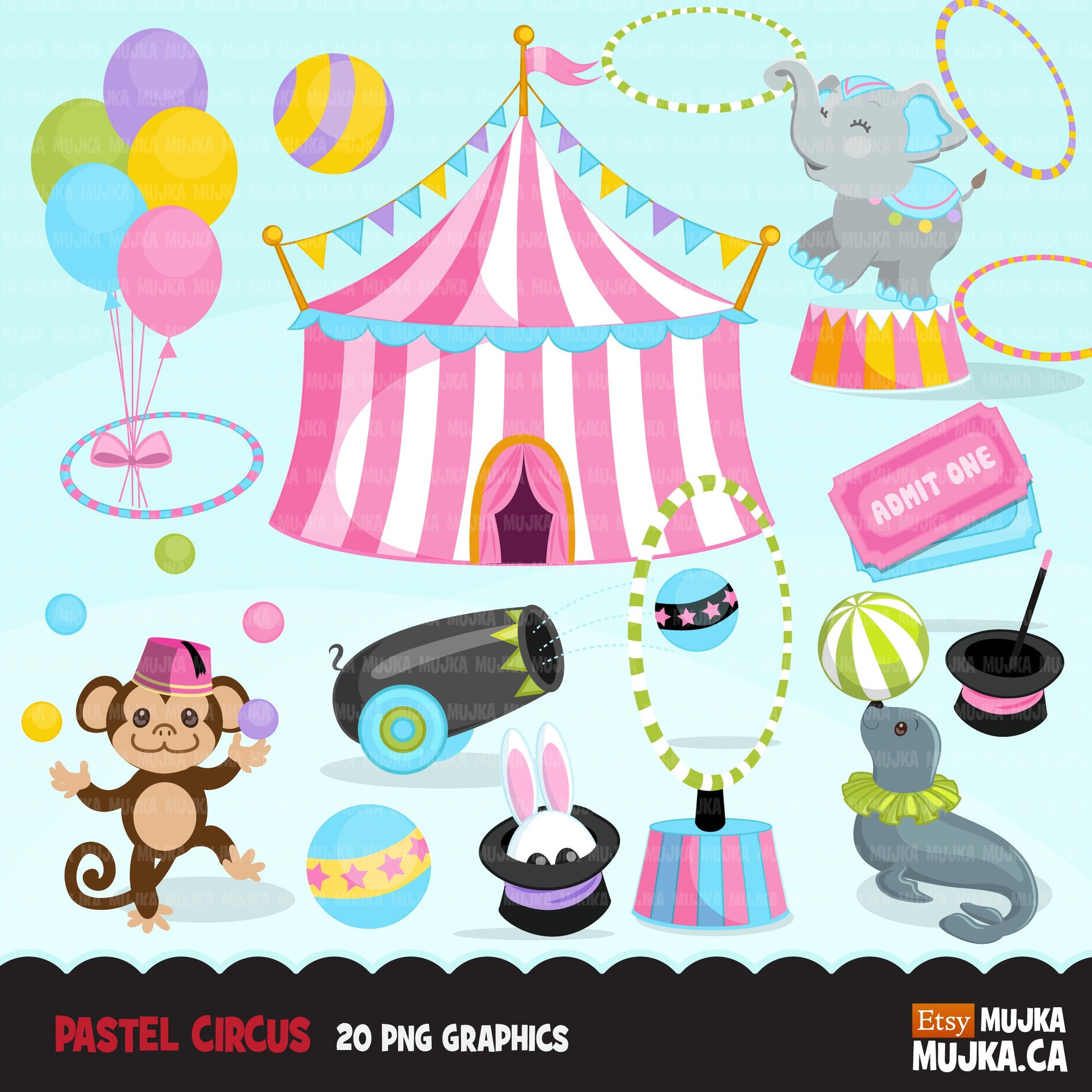 Circus Clipart Bundle, birthday props, sublimation graphics, animals, glitter tutu, pastel, carnival commercial use PNG clip art