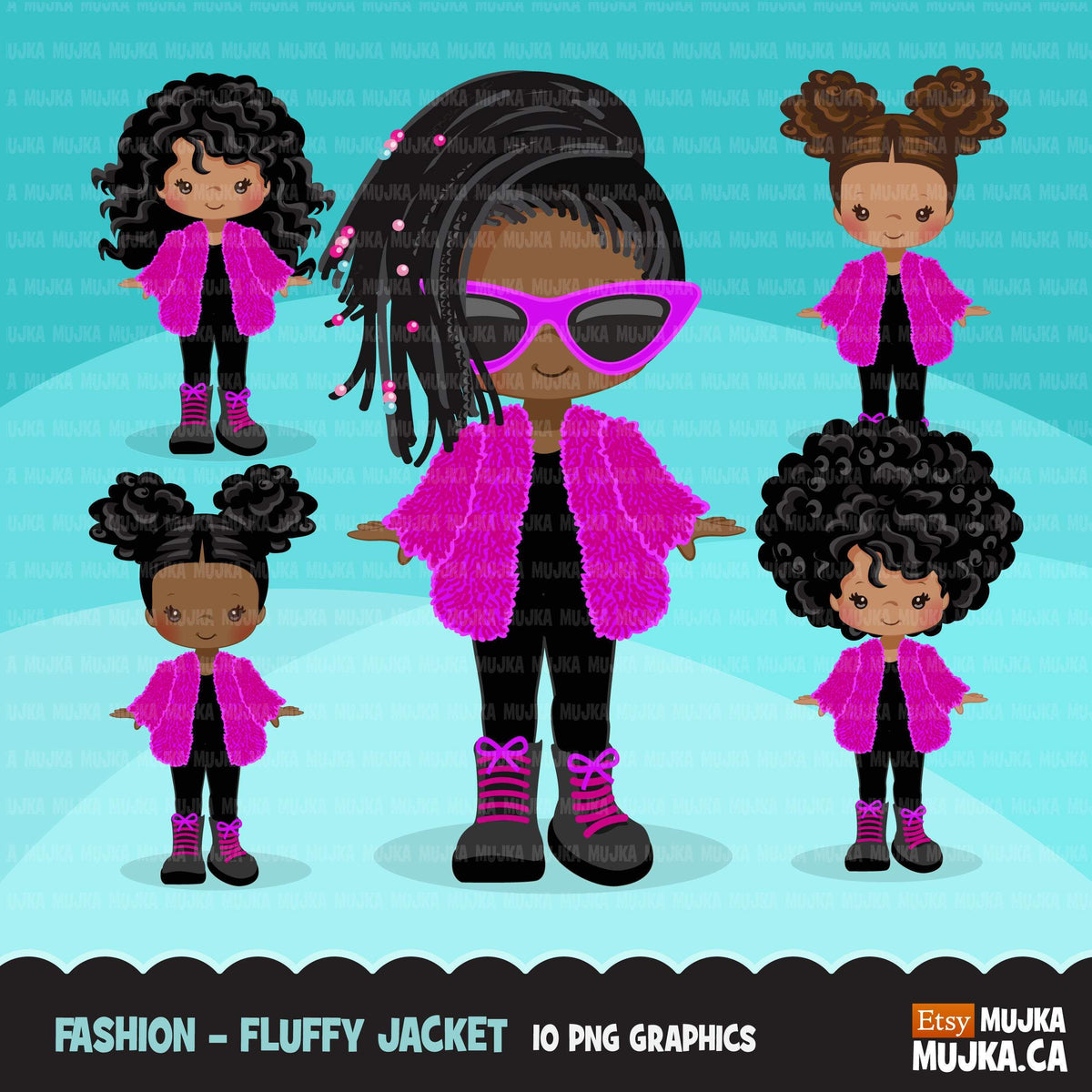 Fashion little black girl clipart with fluffy crochet pink jacket, boo ...