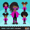 Fashion little black girl clipart with fluffy crochet pink jacket, boots and sunglasses, Vacation, travel commercial use characters, digital