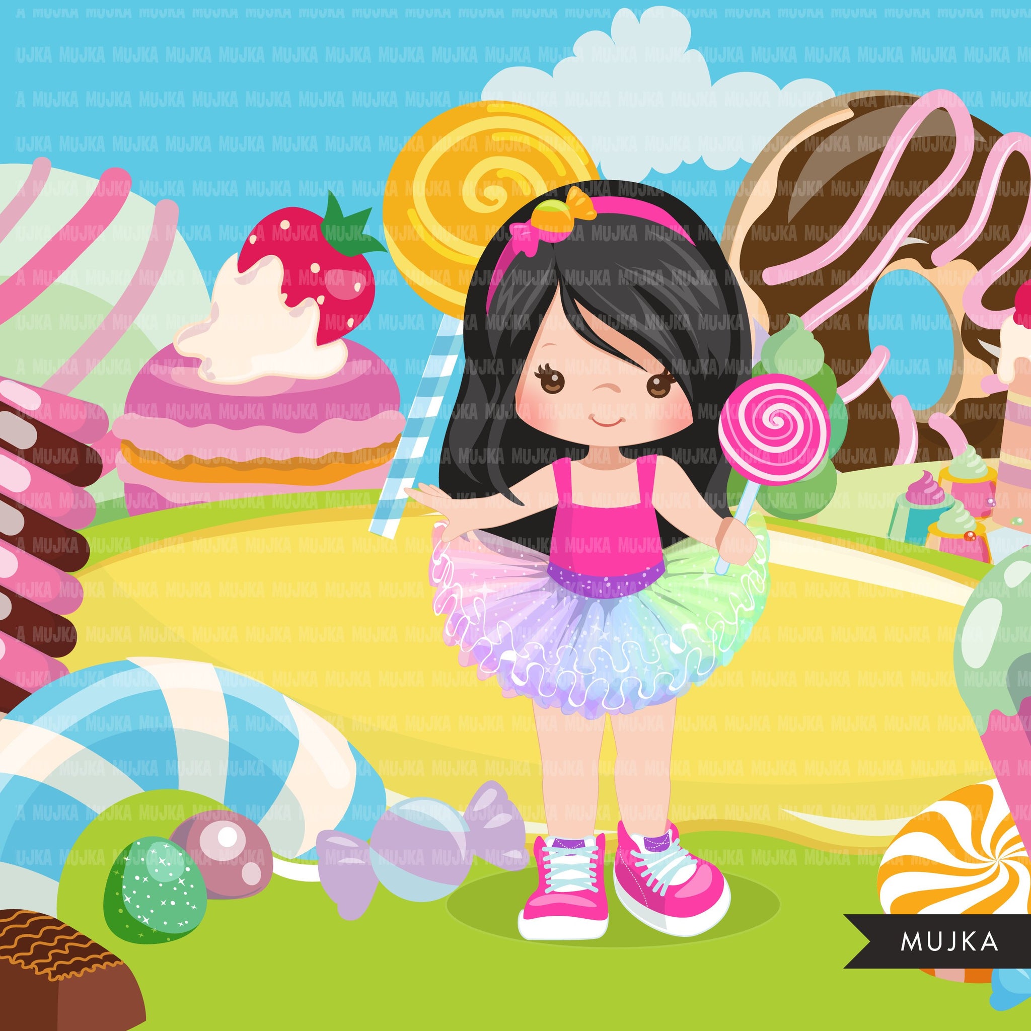 Candy land Backgrounds Clipart, sugar, lollipop rainbow, cupcake, truffles and chocolate graphics, backdrop commercial use printable