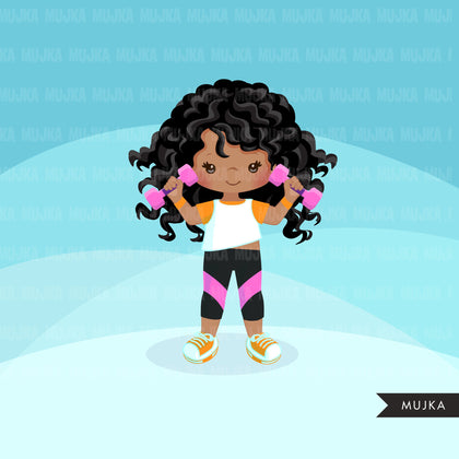 Fitness clipart Healthy lifestyle, yoga, workout, gym graphics, commercial use clip art, weight lifting black girls