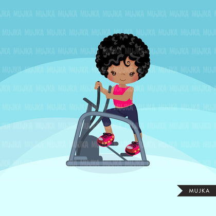 Fitness clipart healthy lifestyle, yoga, workout, gym graphics, commercial use clip art, step machine black girls