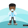 Black male Doctor clipart with mask and gloves, hospital graphics, print and cut PNG digital Designs, covid Medical boy clip art
