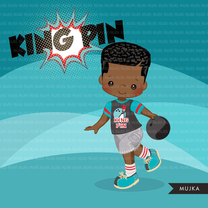 Bowling Clipart, King Pin summer, retro birthday party printables, black boys Png graphics