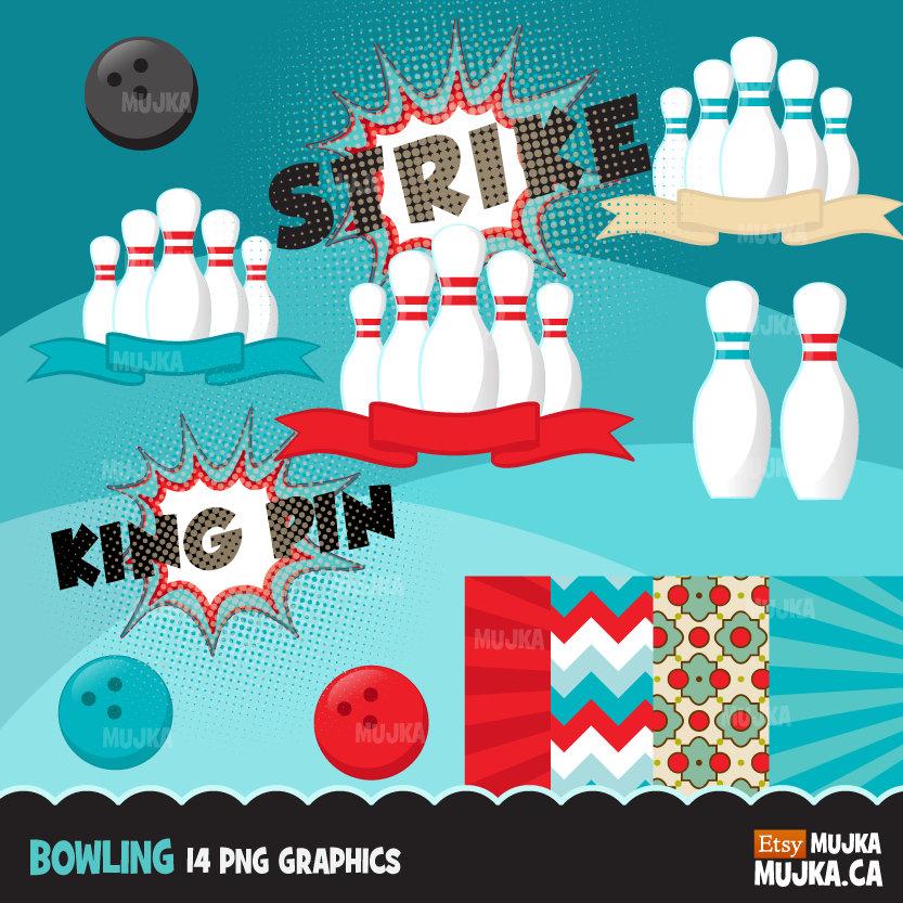 Bowling Clipart Bundle, retro bowling, king pin, queen pin, strike, birthday party graphics commercial use PNG clip art, boys, girls