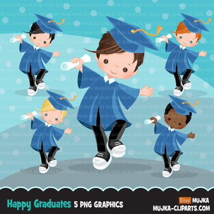 Graduation Clipart, School, graduate boys with blue cape, students, grads, commercial use Png clip art