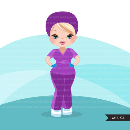 Nurse clipart with mask purple scrubs, hospital graphics, print and cut PNG digital Designs, Medical clip art