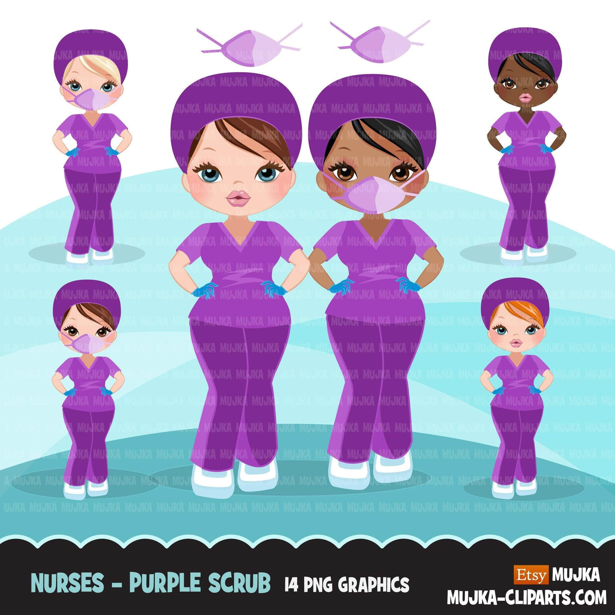 Nurse clipart with mask purple scrubs, hospital graphics, print and cut PNG digital Designs, Medical clip art