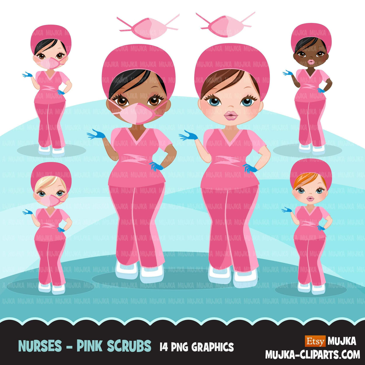 Nurse clipart with mask pink scrubs, hospital graphics, print and cut ...