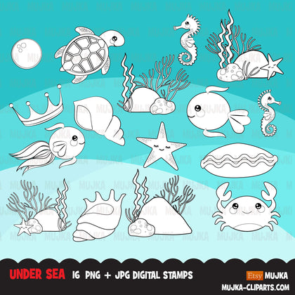 Undersea Digital stamps, black & white marine graphics, mermaid coral, seahorse, starfish, crab coloring book art outline clipart