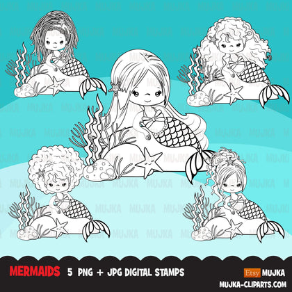 Mermaid Digital stamps, black & white marine graphics, black princess coloring book art outline clipart