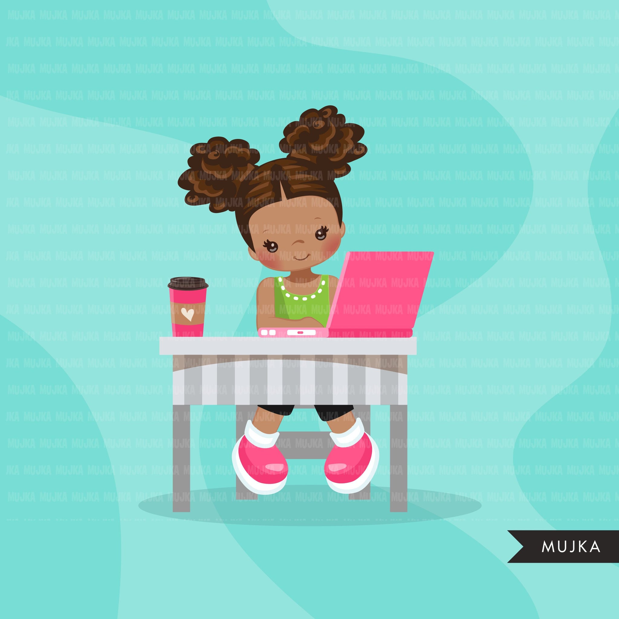 Distant Learning Clipart, Black Girls with pink laptop, homeschooling, student homework, shop logo graphics, Png clip art