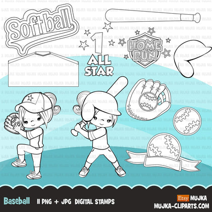 Softball Digital Stamps, Girl players, Sports Graphics, B&W clip art outline, home run, all star, cap, helmet and bat