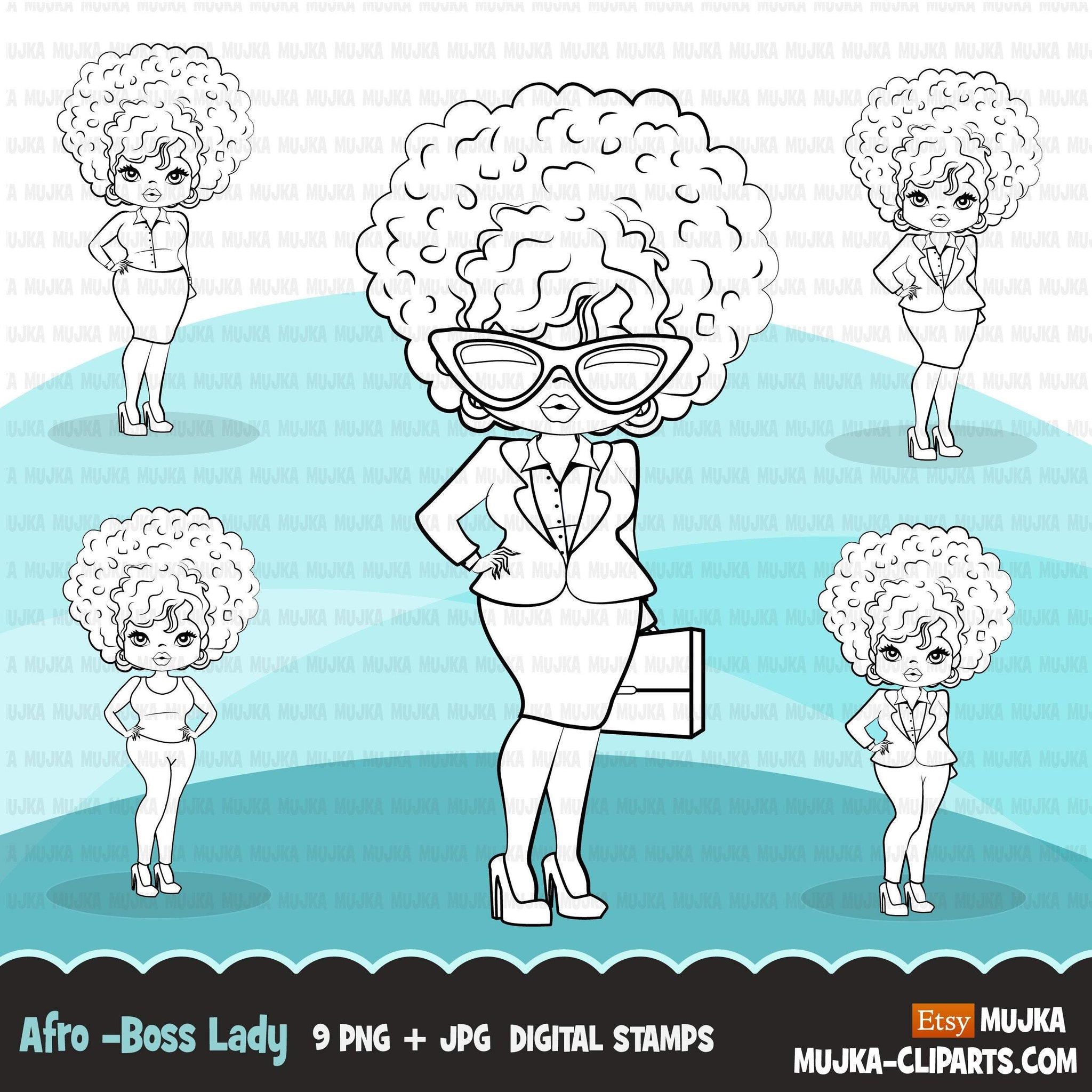Afro woman digital stamps with business suit, briefcase and glasses black boss babe graphics, outline art