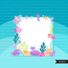 Mermaid frames clipart, underwater marine frame, pastel rainbow graphics, birthday party, clip art