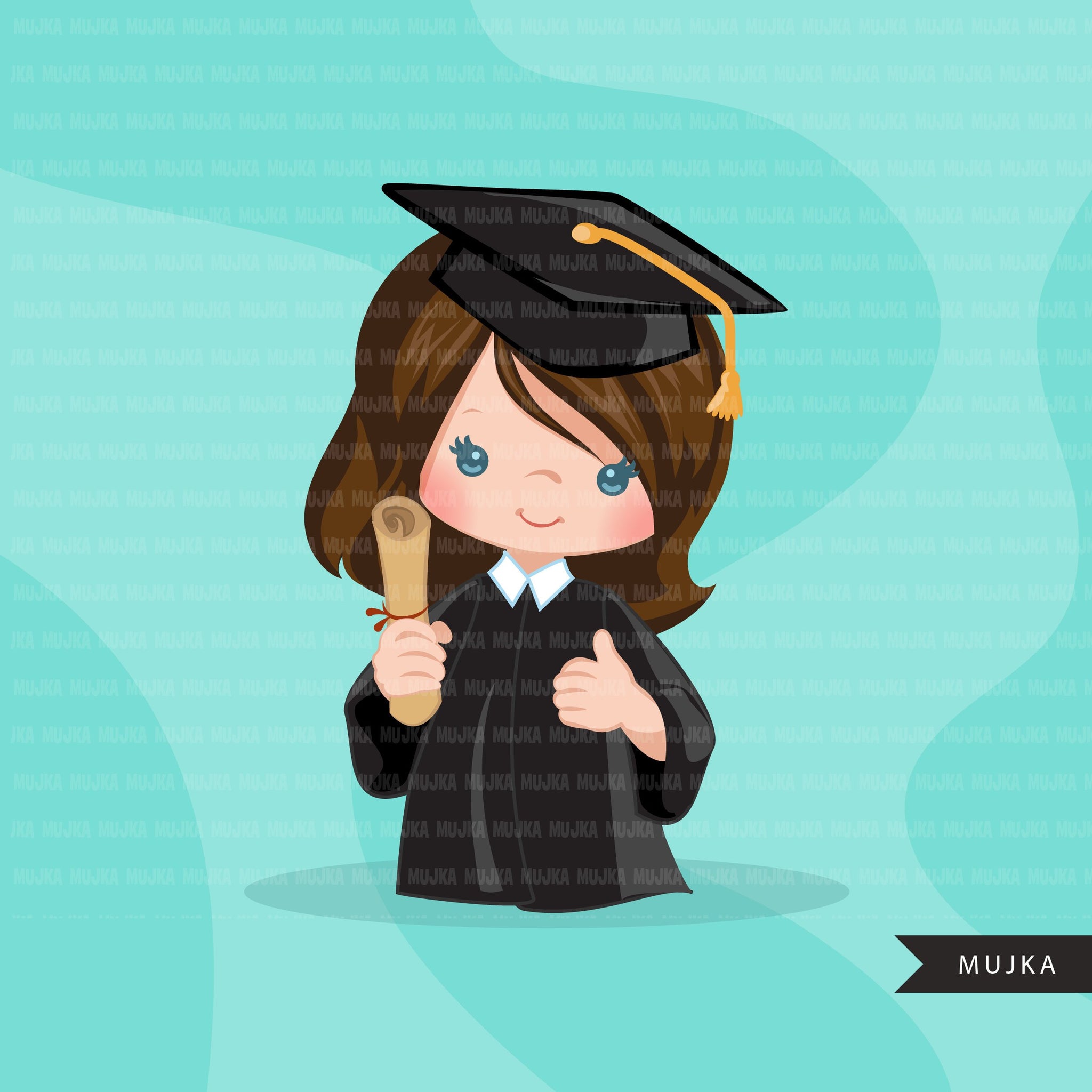 Graduation Clipart, 2022 cute graduate girls with cape and scroll