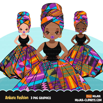 Black woman clipart avatar, Ankara kente African print, tribal head wrap and skirt, fashion graphics girl clip art PNG