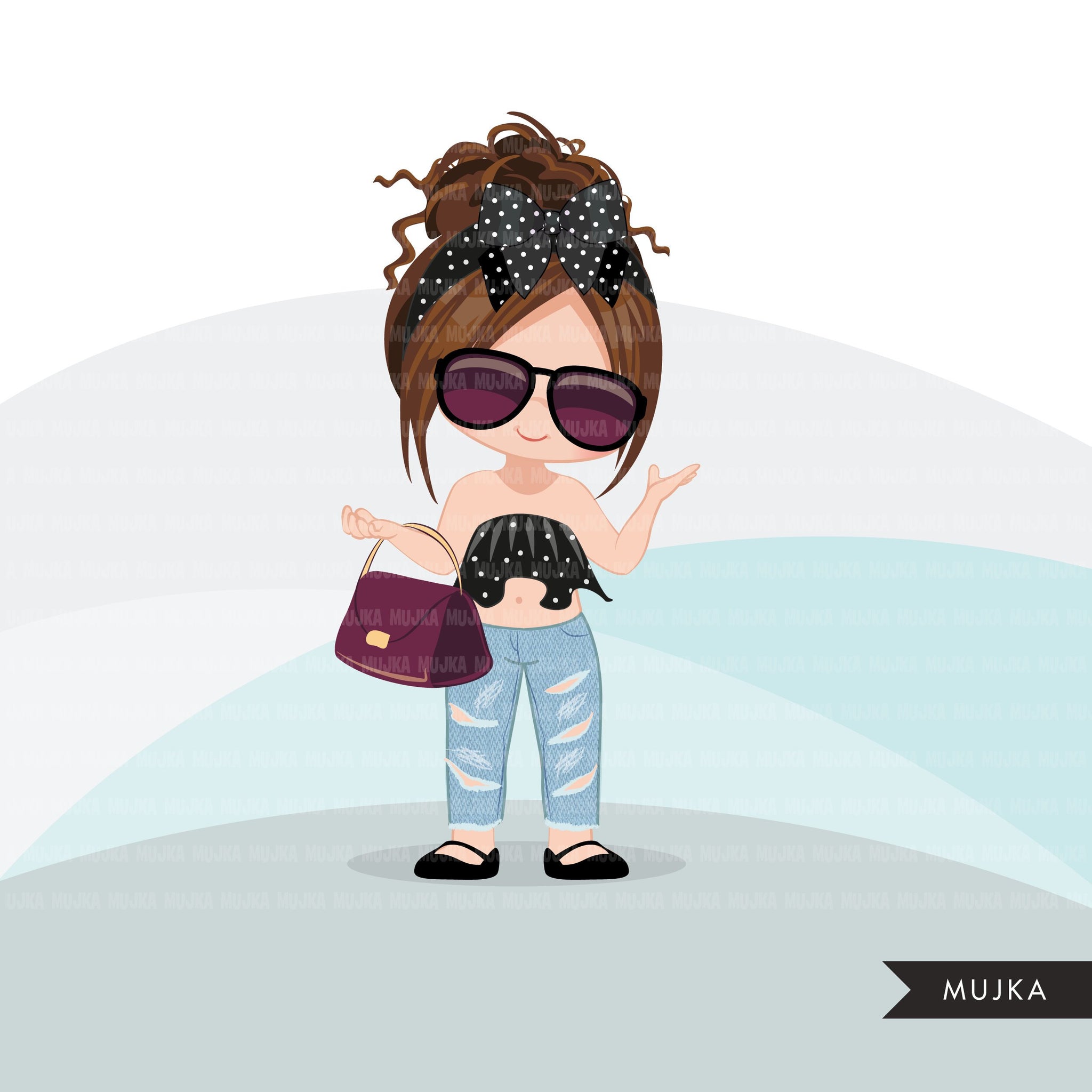 Fashion little girl clipart with bag and sunglasses, Vacation, travel commercial use characters, digital PNG