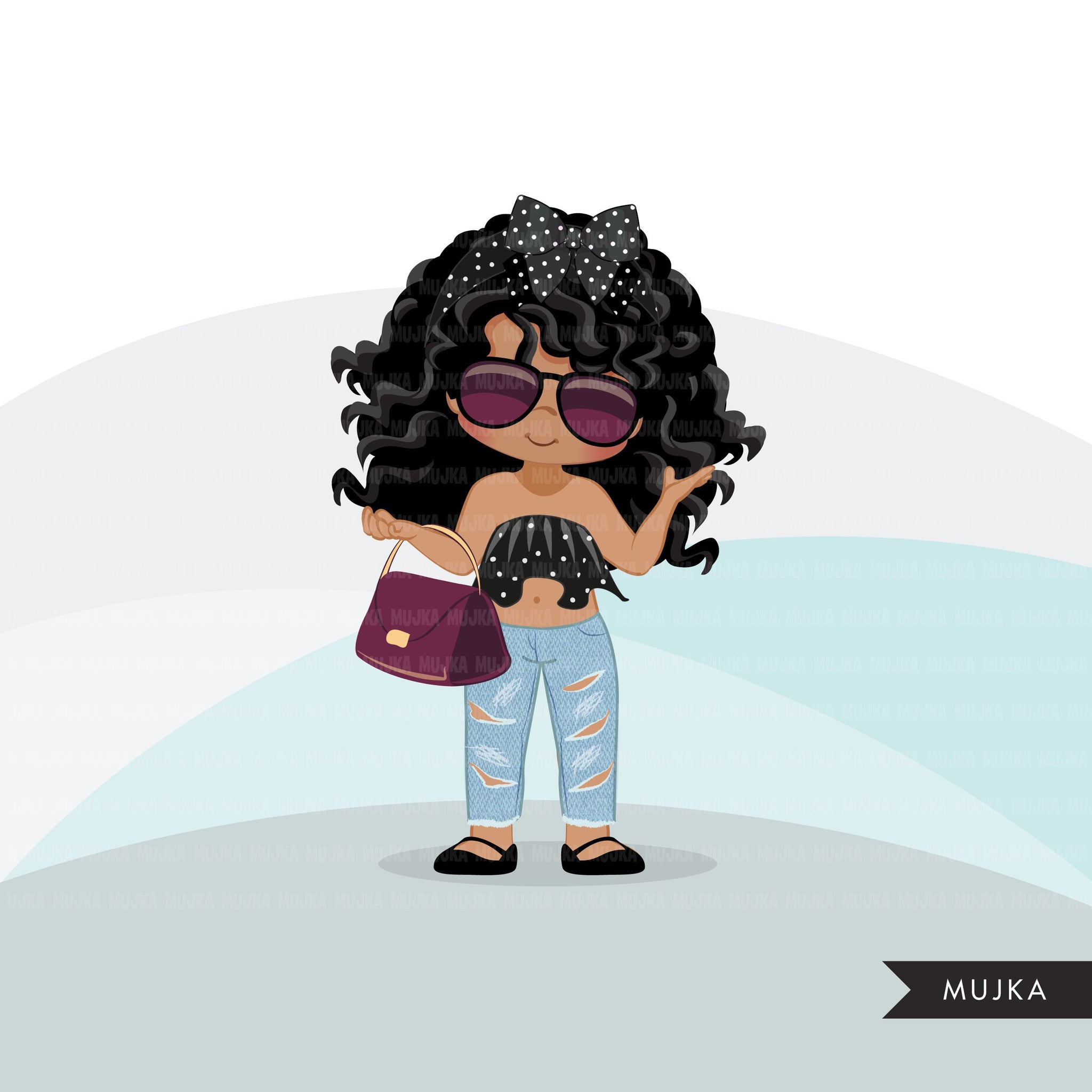 Fashion little black girl clipart with bag and sunglasses, Vacation, travel commercial use characters, digital PNG