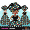 Black woman clipart avatar, Ankara geometrical print skirt, head wrap fashion graphics afro girl clip art PNG