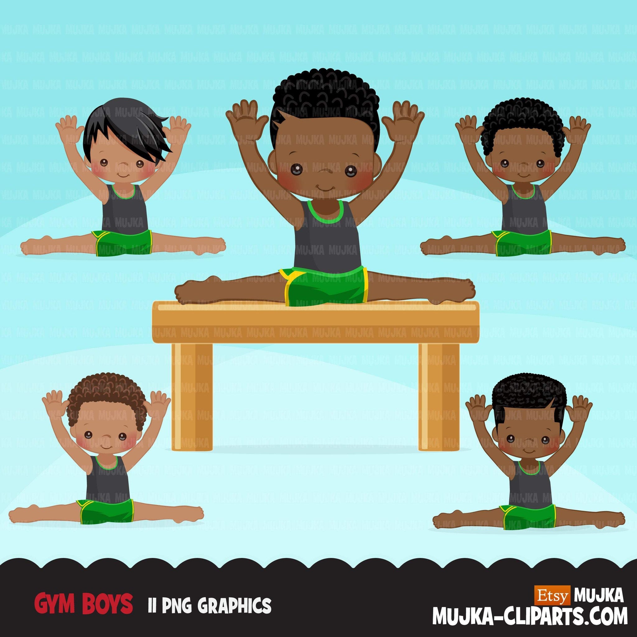 Gymnastics Clipart, Gymnast black boys, balance bar, sports, school activity, commercial use PNG graphics