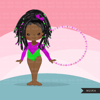 Gymnastics Clipart, Gymnast black girls, hula hoop, sports, school activity, commercial use PNG graphics