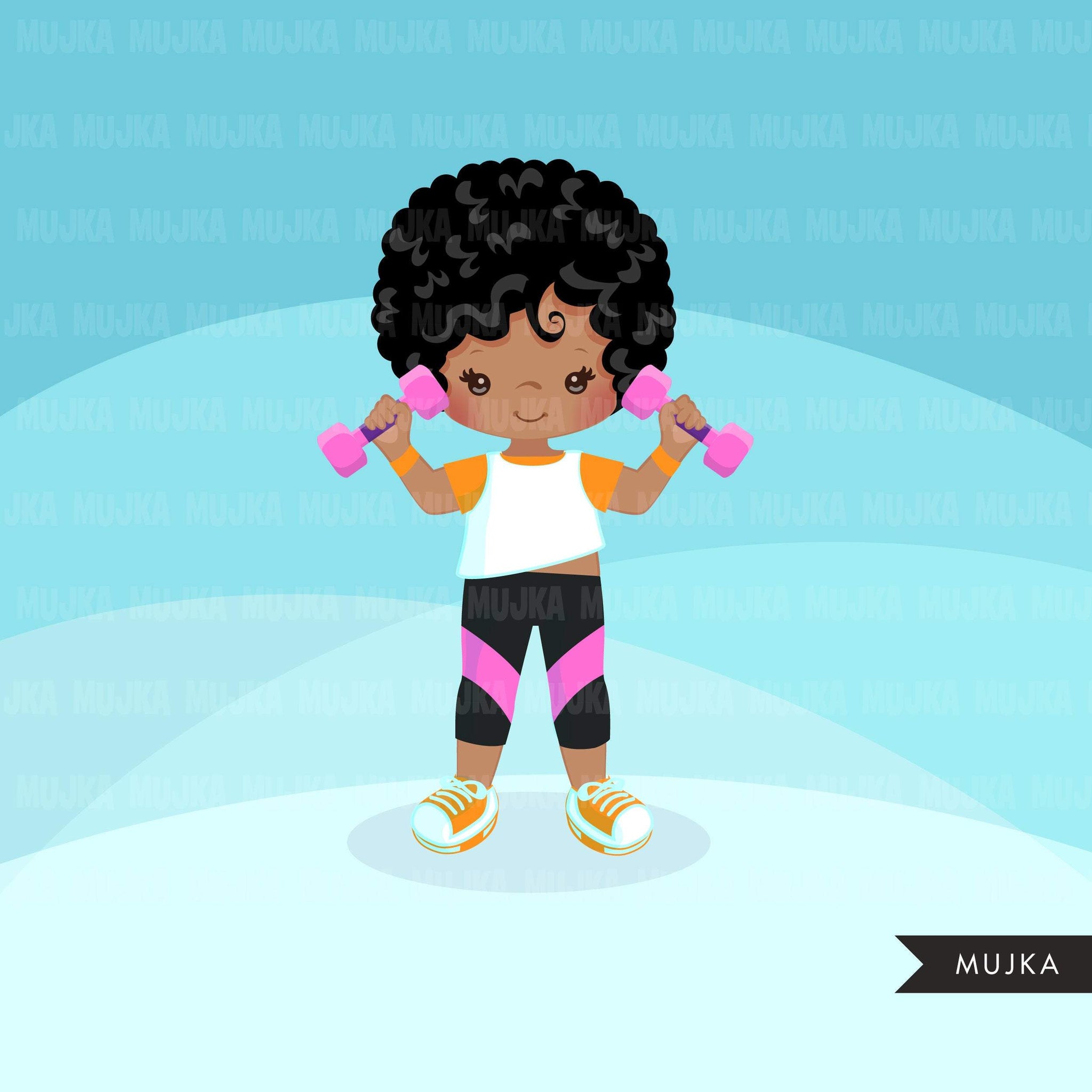 Gymnastics Clipart, Gymnast black girls, barbel workout, fitness, sports, school activity, commercial use PNG graphics