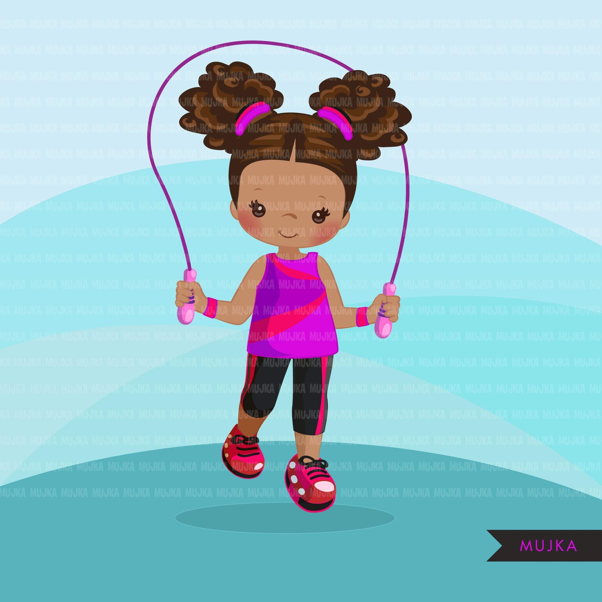 Gymnastics Clipart, Gymnast black girls, skipping workout, fitness, sports, school activity, commercial use PNG graphics