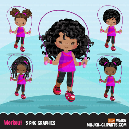 Gymnastics Clipart, Gymnast black girls, skipping workout, fitness, sports, school activity, commercial use PNG graphics