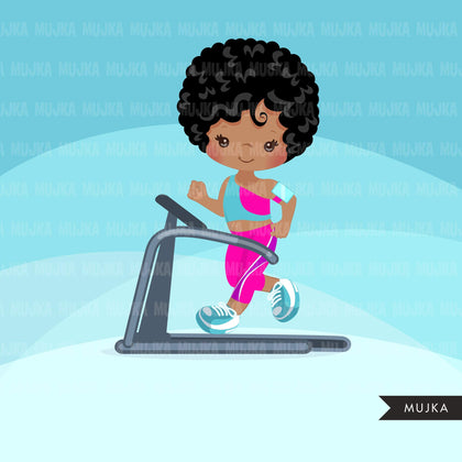 Fitness Clipart, black girls running on treadmill, workout, sports, school activity, commercial use PNG graphics