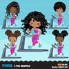Fitness Clipart, black girls running on treadmill, workout, sports, school activity, commercial use PNG graphics
