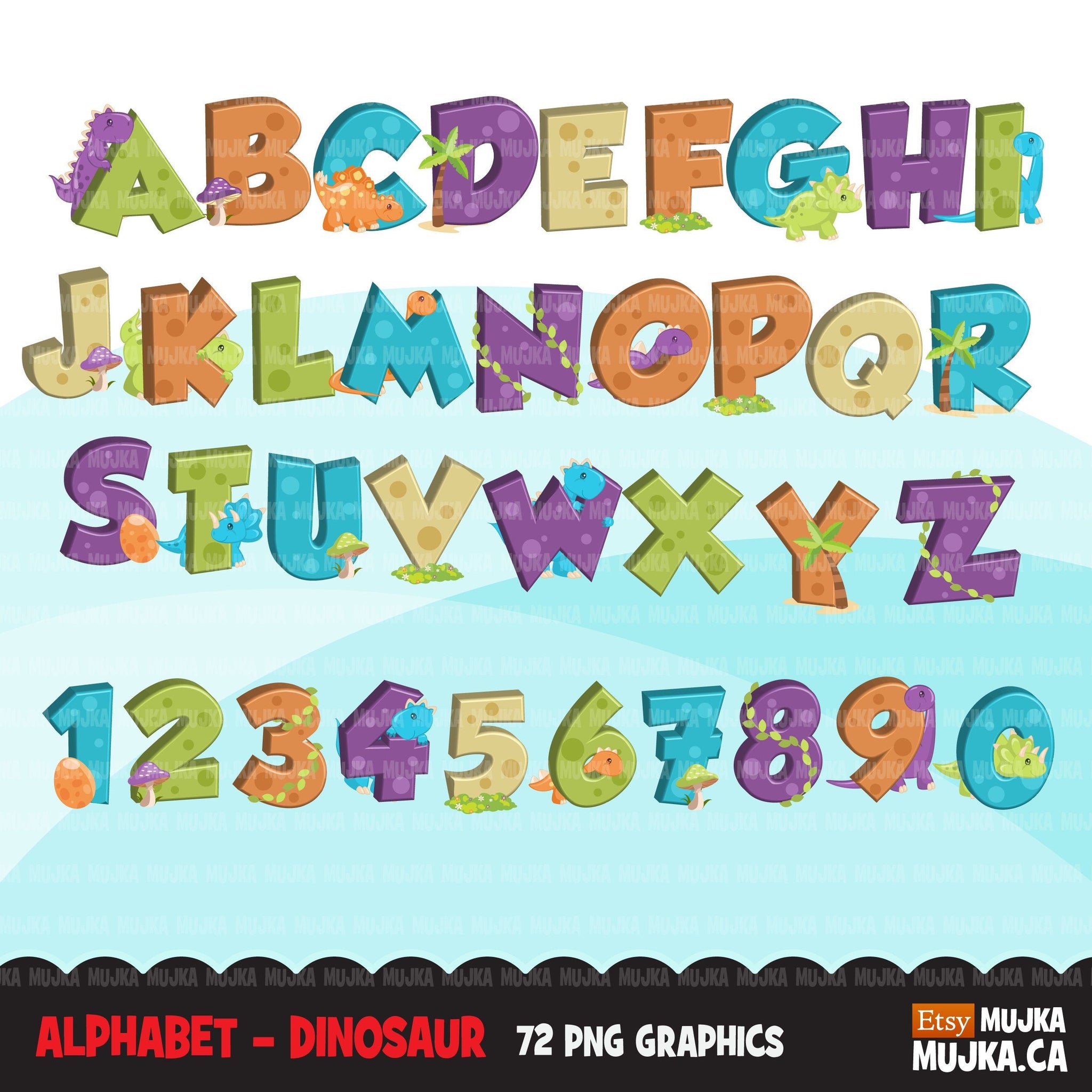 Dinosaur Alphabet Clipart, stackable boy birthday, baby shower letter  PNG graphics