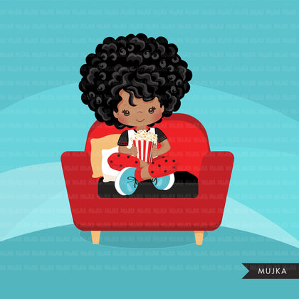 Movie night Clipart, movie birthday party, black girls graphics, popcorn, sleepover party Png clip art