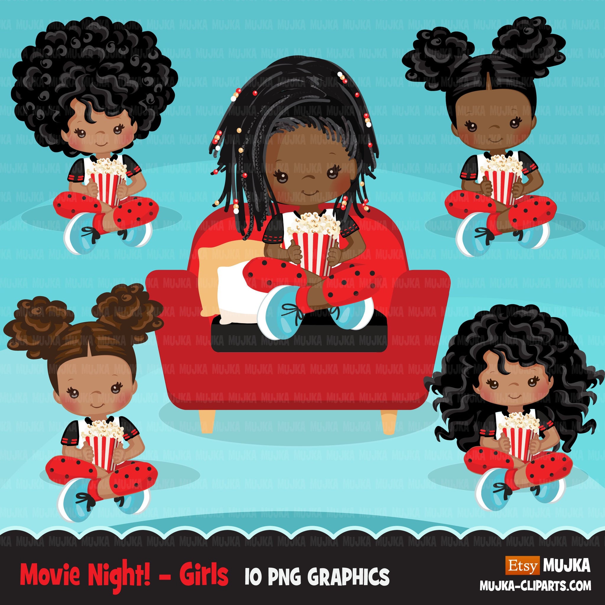 Movie night Clipart, movie birthday party, black girls graphics, popcorn, sleepover party Png clip art