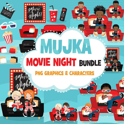 Movie Night Clipart Bundle, Sleepover, home birthday party, popcorn, black, boy, girl graphics commercial use PNG clip art