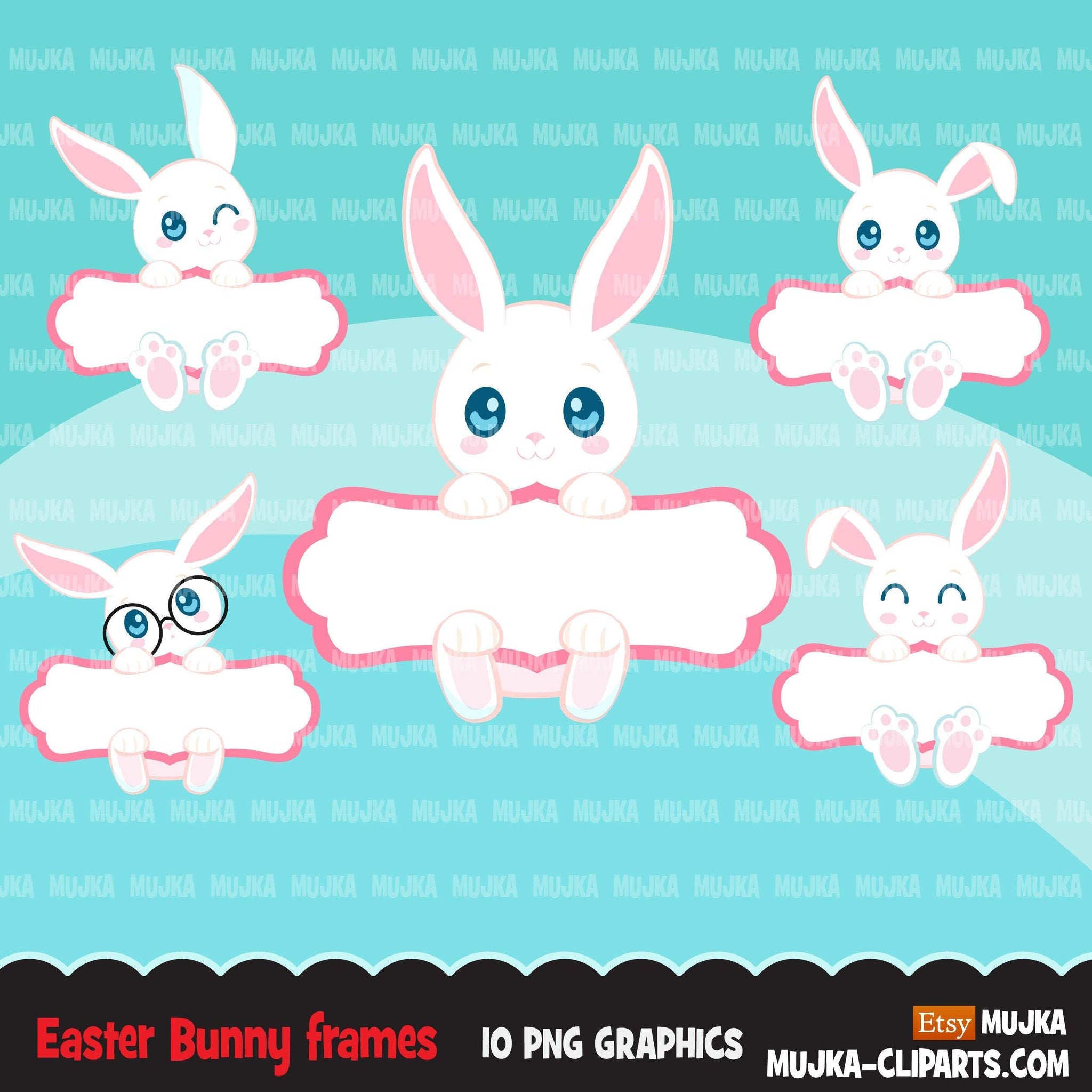 Easter Bunny Split Clipart, Cute rabbit with Easter frame, animal graphics, commercial use digital PNG clip art