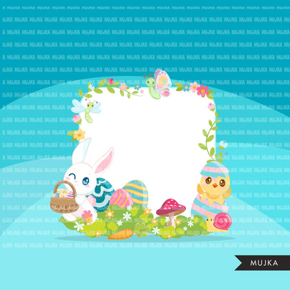 Easter frames clipart, animal frames with bunny, chicks, bugs bees and butterfly graphics, birthday party, clip art