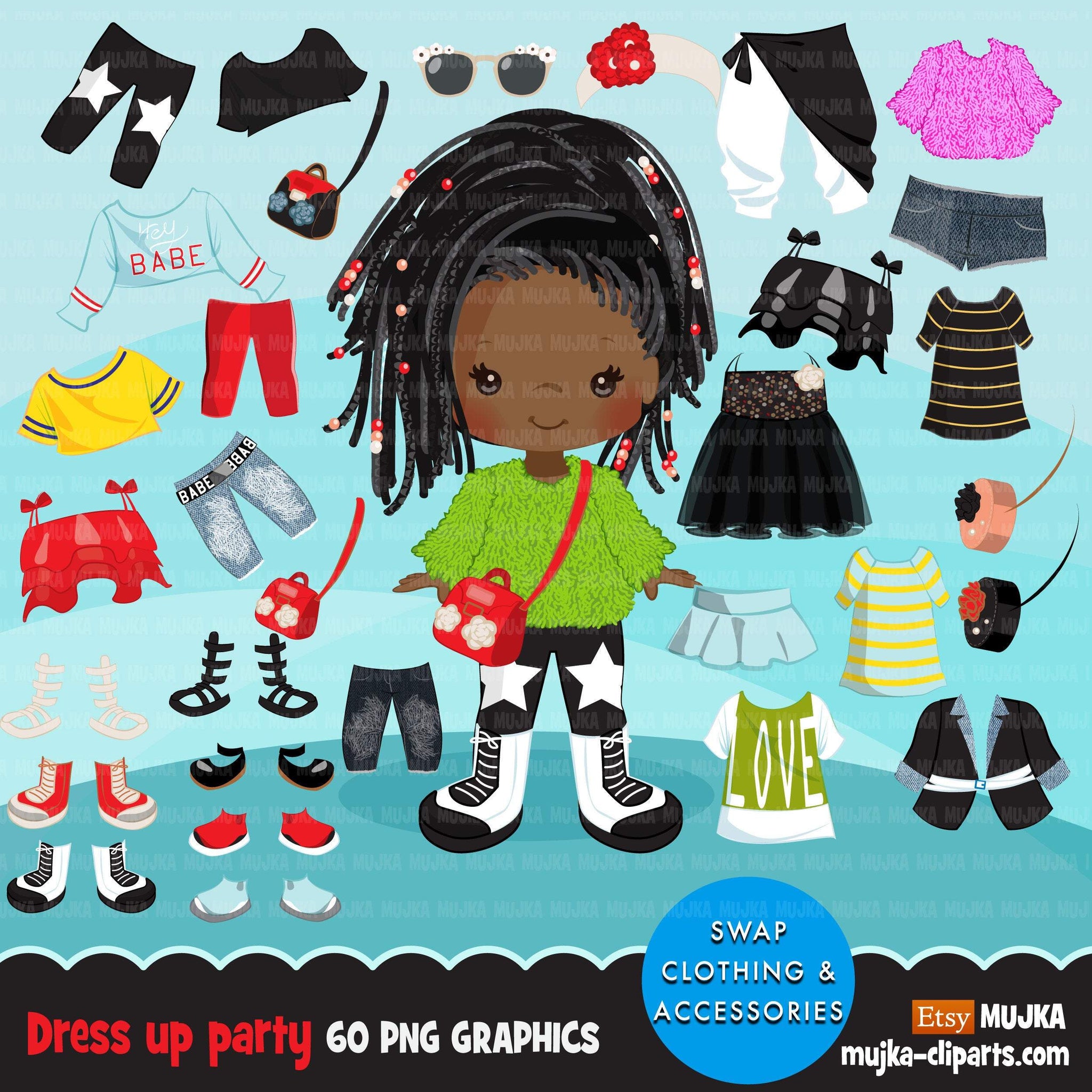 Paper doll clipart, Dressing Party Graphics, Cute Characters, black girls fashion, outfits png clip art