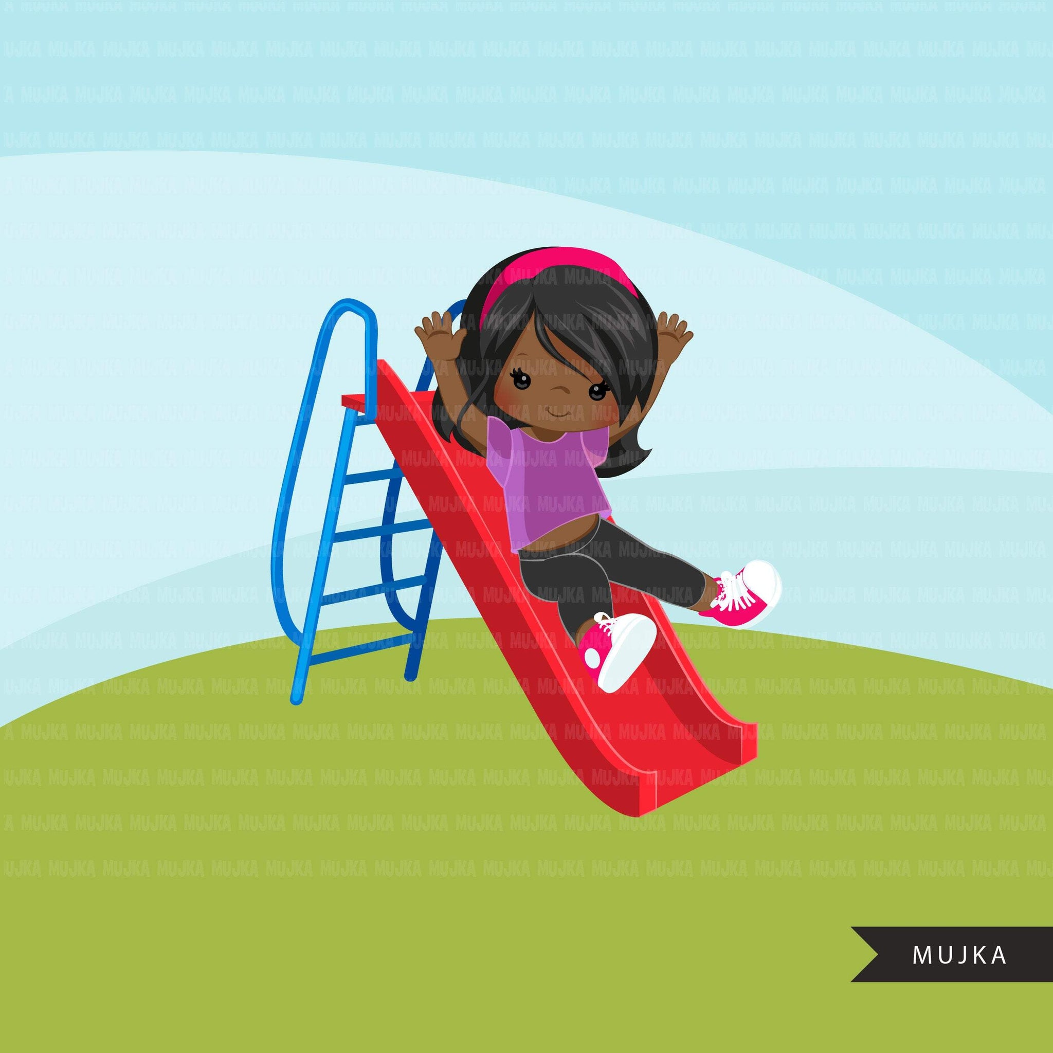 Playground Clipart, girl on slide, outdoors park slide graphics, kindergarten, first grade, school commercial use Png clip art