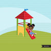 Playground Clipart, black girl on slide, outdoors park slide graphics, kindergarten, first grade, school commercial use Png clip art