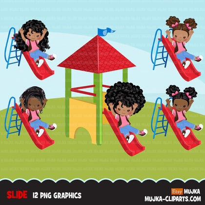 Playground Clipart, black girl on slide, outdoors park slide graphics, kindergarten, first grade, school commercial use Png clip art