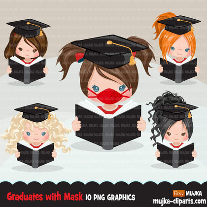 Graduation Clipart, graduate girls with book and mask, school, student class of 2020 covid quarantine graduation graphics, PNG clip art